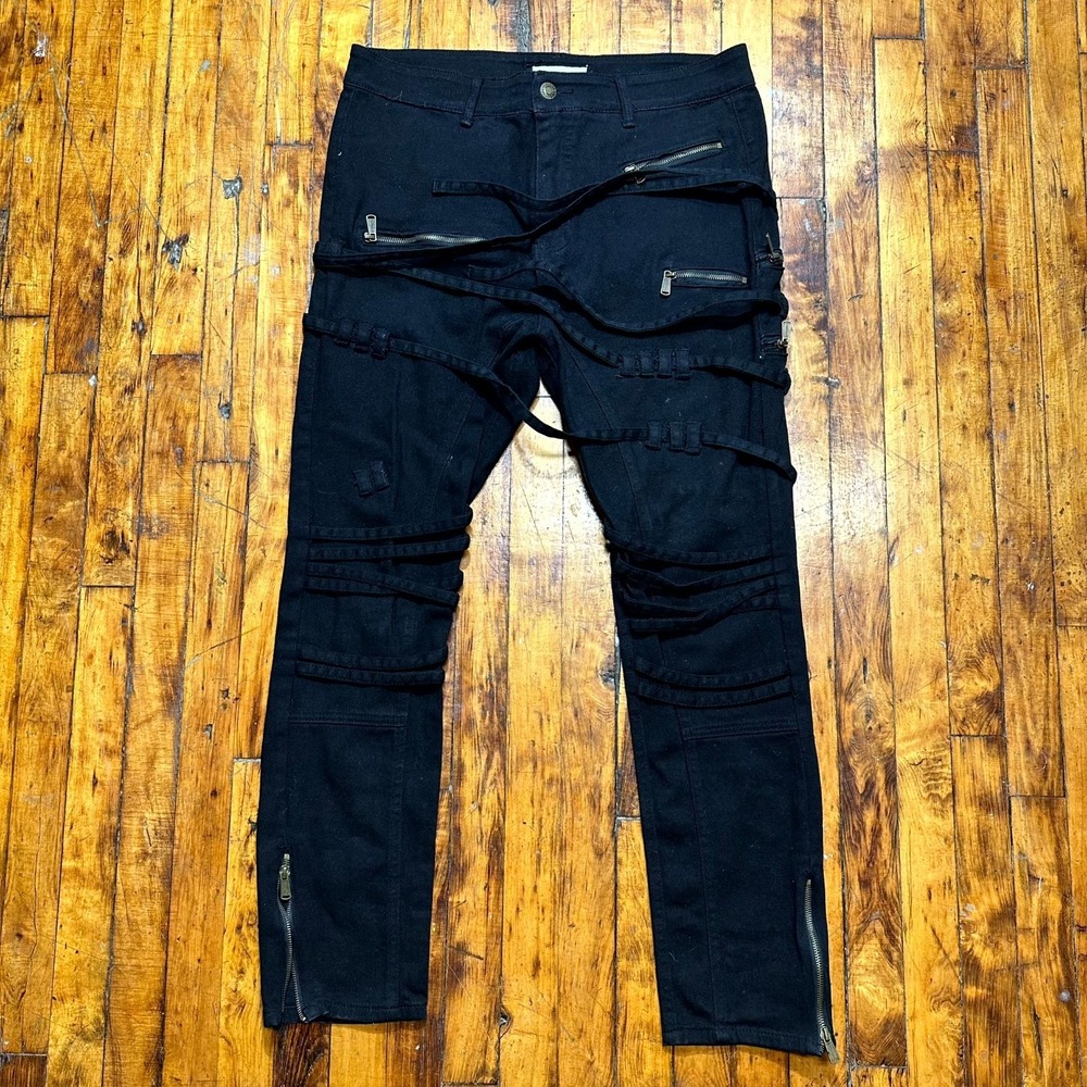Decibel Destroyed & Rebuilt Jeans Men 36x32 Black Strap Zipper Detail Streetwear